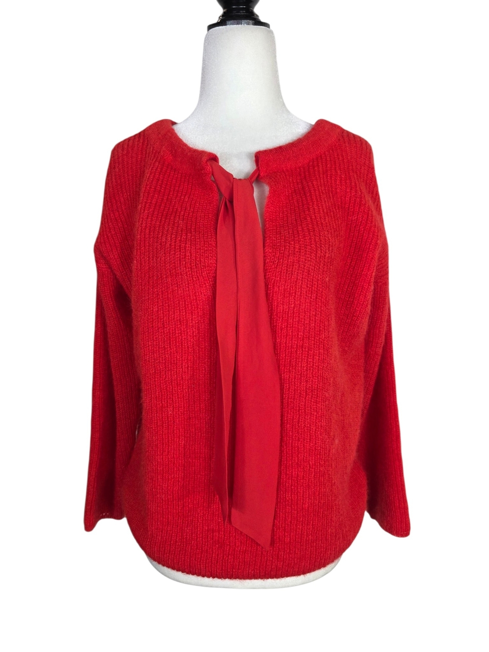 Sezane Red Tie-Neck Scoop Sweater with front Neck Tie - Picture 2 of 12